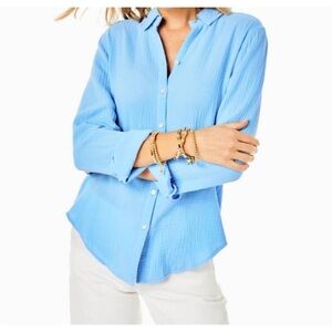 Lilly Pulitzer Frenchie Blue Geanie Button-Down Shirt, Size Medium